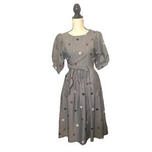 Vintage‎ 80s Mayvens California Polka Dot Gray Short Puff Sleeve Midi Dress